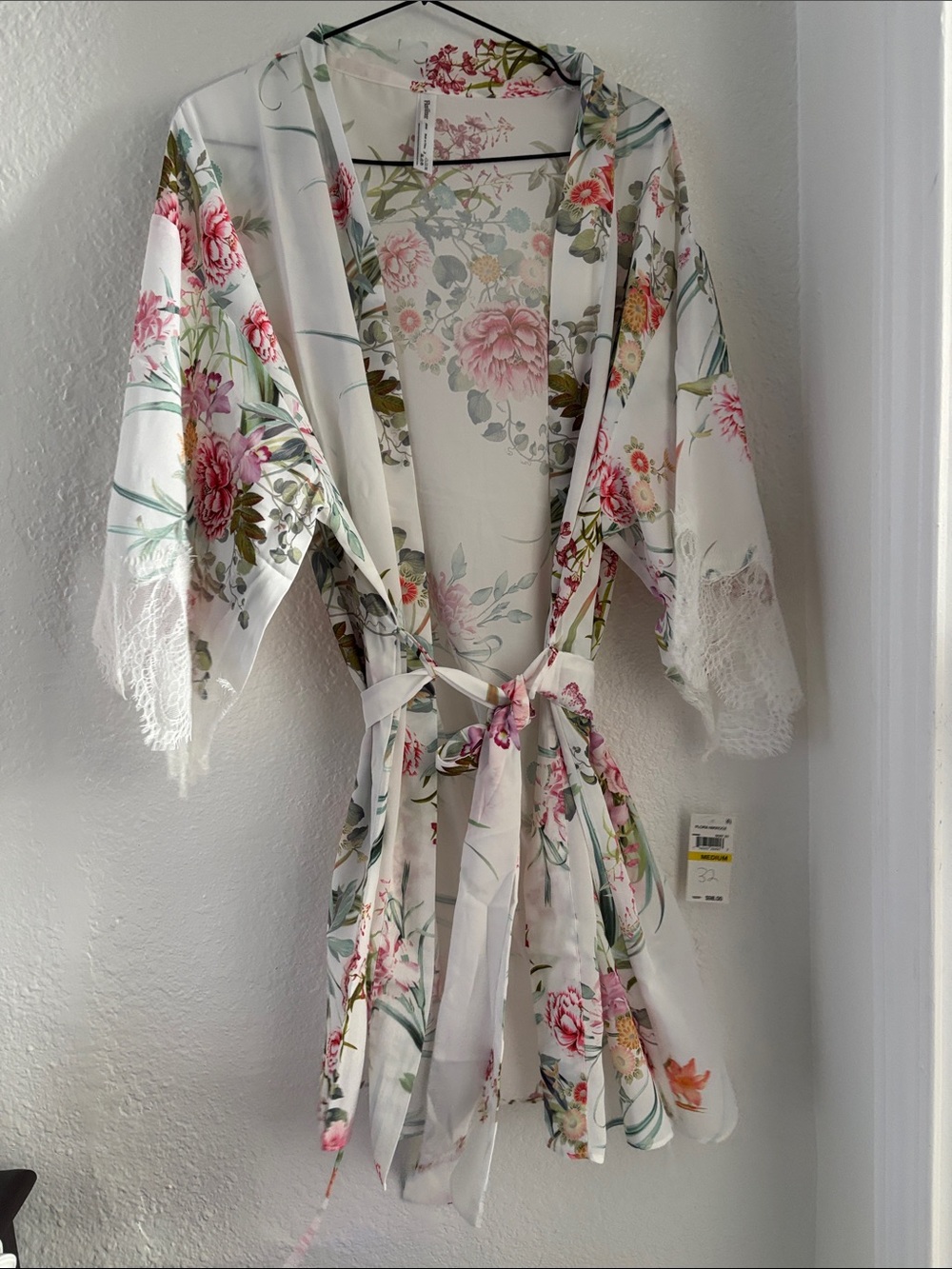 Flora Nikrooz Ivory Satin Robe with Pink & Green Floral Print